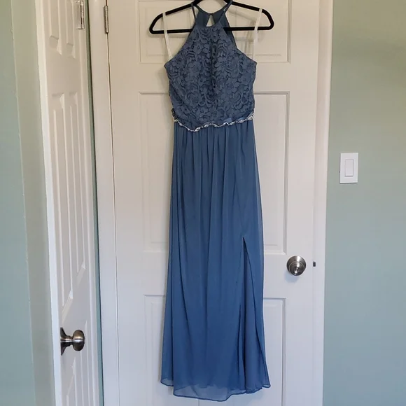 david bridal blue dress David's Bridal Long Mesh Dress with Lace CapSleeves, Steel Blue, Size 14, NWT